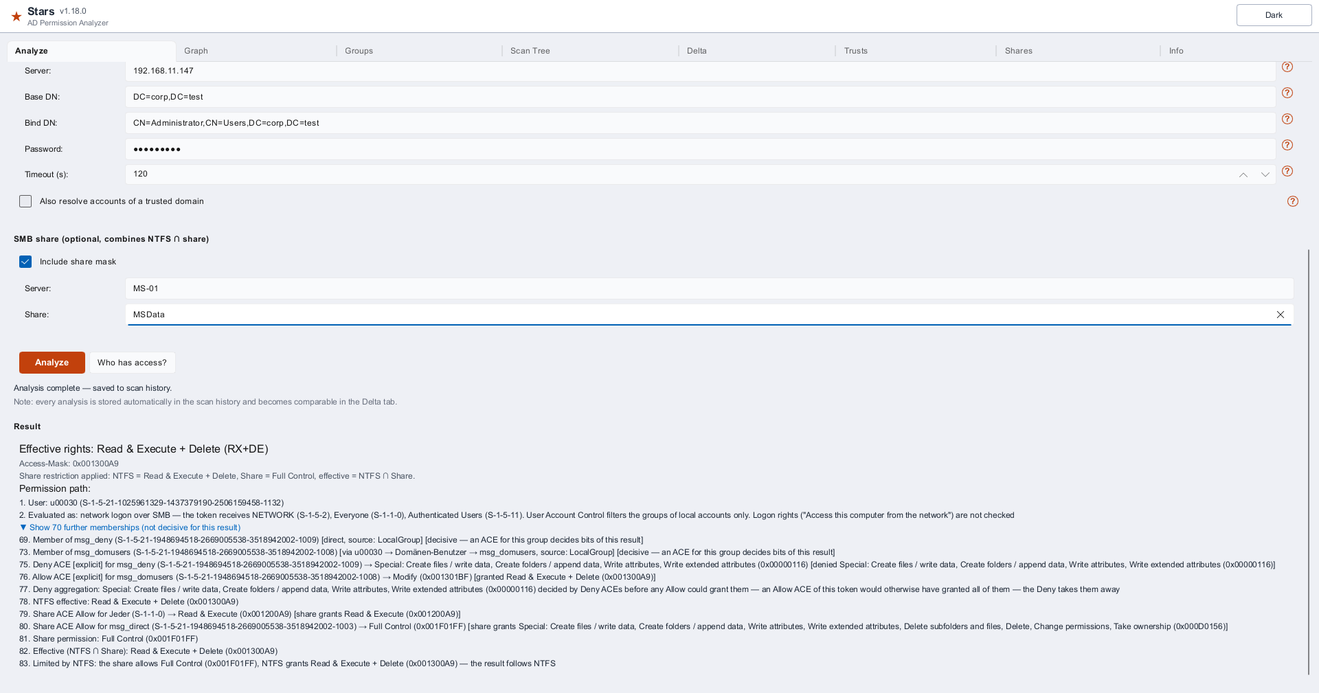 Stars AD Permission Analyzer - Analyze tab: effective right of a domain user on a share and the numbered permission path through groups, ACEs and share